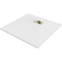   HD Marco+ White 70x70/80x80/90x90/100x100 SMC kompozit slim szögletes kőhatású zuhanytálca, arany színű ráccsal, 2,6 cm magas, szifon nélkül