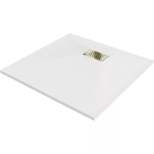 HD Marco+ White 70x70/80x80/90x90/100x100 SMC kompozit slim szögletes kőhatású zuhanytálca, arany színű ráccsal, 2,6 cm magas, szifon nélkül