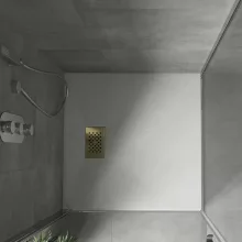 HD Marco+ White 70x70/80x80/90x90/100x100 SMC kompozit slim szögletes kőhatású zuhanytálca, arany színű ráccsal, 2,6 cm magas, szifon nélkül