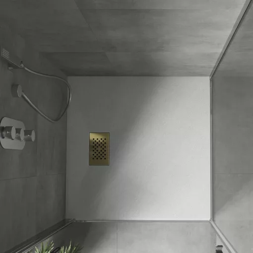 HD Marco+ White 70x70/80x80/90x90/100x100 SMC kompozit slim szögletes kőhatású zuhanytálca, arany színű ráccsal, 2,6 cm magas, szifon nélkül