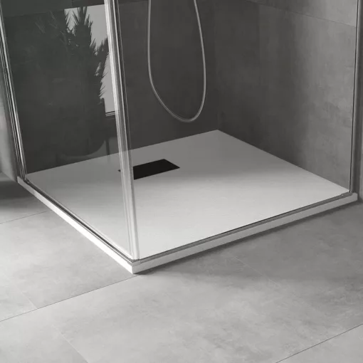 HD Marco+ White 70x70/80x80/90x90/100x100 SMC kompozit slim szögletes kőhatású zuhanytálca, fekete ráccsal, 2,6 cm magas, szifon nélkül