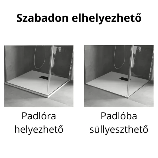 HD Marco+ White 70x70/80x80/90x90/100x100 SMC kompozit slim szögletes kőhatású zuhanytálca, fekete ráccsal, 2,6 cm magas, szifon nélkül