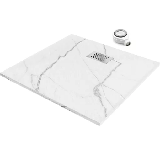 HD Marco+ White Marble 80x80 SMC kompozit slim szögletes kőhatású zuhanytálca, krómozott ráccsal, 2,6 cm magas, szifonnal