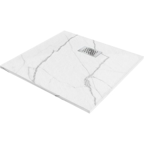 HD Marco+ White Marble 80x80/90x90 SMC kompozit slim szögletes kőhatású zuhanytálca, krómozott ráccsal, 2,6 cm magas, szifon nélkül