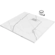 HD Marco+ White Marble 80x80 SMC kompozit slim szögletes kőhatású zuhanytálca, fehér ráccsal, 2,6 cm magas, szifonnal