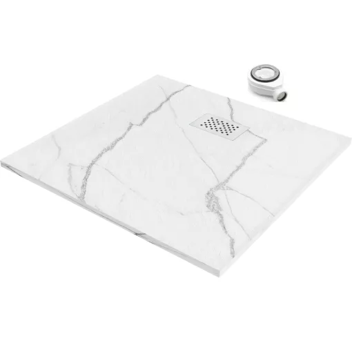 HD Marco+ White Marble 80x80 SMC kompozit slim szögletes kőhatású zuhanytálca, fehér ráccsal, 2,6 cm magas, szifonnal