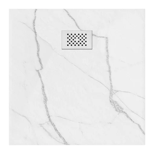 HD Marco+ White Marble 80x80 SMC kompozit slim szögletes kőhatású zuhanytálca, fehér ráccsal, 2,6 cm magas, szifonnal