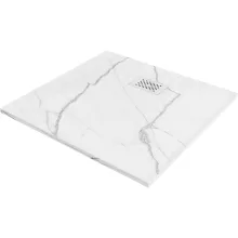 HD Marco+ White Marble 80x80/90x90 SMC kompozit slim szögletes kőhatású zuhanytálca, fehér ráccsal, 2,6 cm magas, szifon nélkül