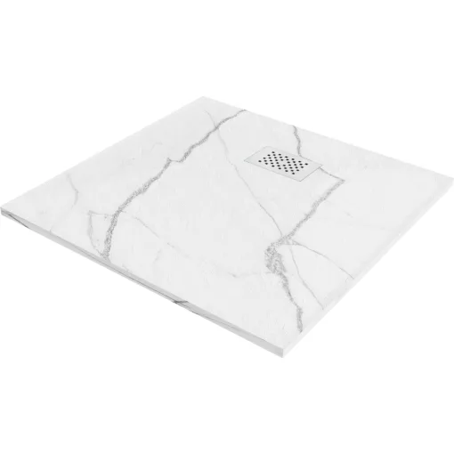 HD Marco+ White Marble 80x80/90x90 SMC kompozit slim szögletes kőhatású zuhanytálca, fehér ráccsal, 2,6 cm magas, szifon nélkül