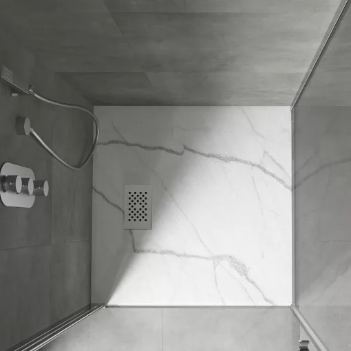 HD Marco+ White Marble 80x80/90x90 SMC kompozit slim szögletes kőhatású zuhanytálca, fehér ráccsal, 2,6 cm magas, szifon nélkül