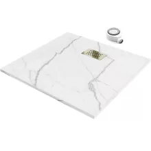 HD Marco+ White Marble 80x80 SMC kompozit slim szögletes kőhatású zuhanytálca, arany színű ráccsal, 2,6 cm magas, szifonnal