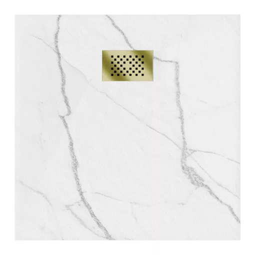HD Marco+ White Marble 80x80 SMC kompozit slim szögletes kőhatású zuhanytálca, arany színű ráccsal, 2,6 cm magas, szifonnal