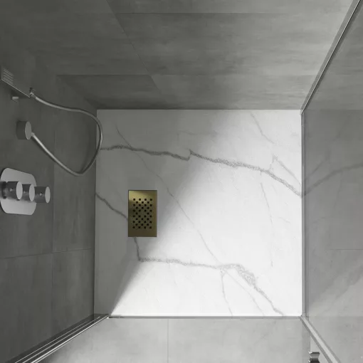 HD Marco+ White Marble 80x80 SMC kompozit slim szögletes kőhatású zuhanytálca, arany színű ráccsal, 2,6 cm magas, szifonnal