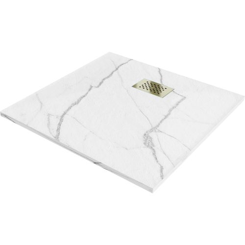 HD Marco+ White Marble 90x90 SMC kompozit slim szögletes kőhatású zuhanytálca, arany színű ráccsal, 2,6 cm magas, szifon nélkül