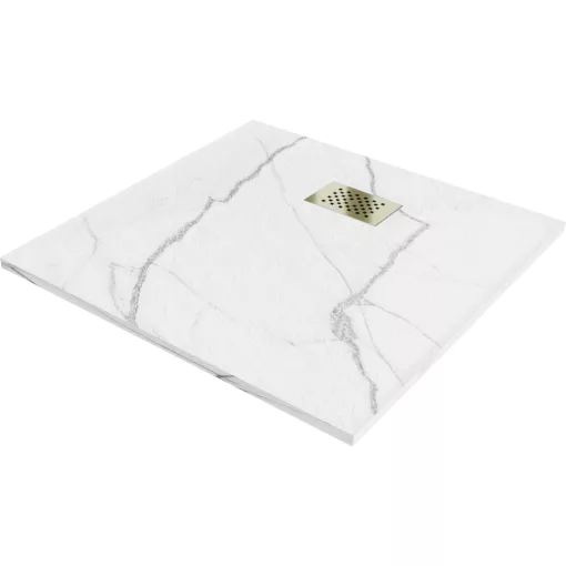 HD Marco+ White Marble 80x80/90x90 SMC kompozit slim szögletes kőhatású zuhanytálca, arany színű ráccsal, 2,6 cm magas, szifon nélkül