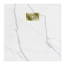 HD Marco+ White Marble 80x80/90x90 SMC kompozit slim szögletes kőhatású zuhanytálca, arany színű ráccsal, 2,6 cm magas, szifon nélkül