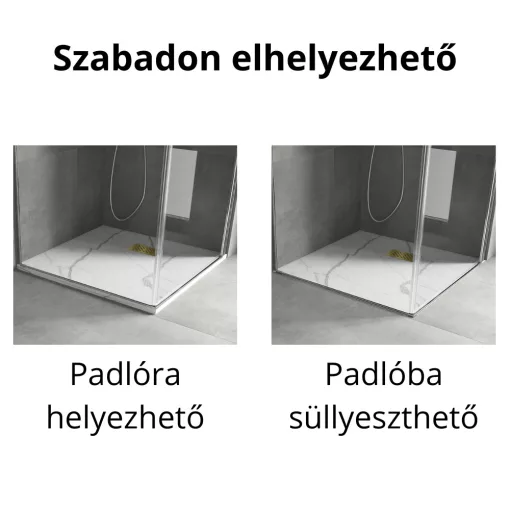 HD Marco+ White Marble 80x80/90x90 SMC kompozit slim szögletes kőhatású zuhanytálca, arany színű ráccsal, 2,6 cm magas, szifon nélkül