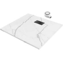HD Marco+ White Marble 80x80 SMC kompozit slim szögletes kőhatású zuhanytálca, fekete ráccsal, 2,6 cm magas, szifonnal