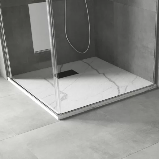 HD Marco+ White Marble 80x80 SMC kompozit slim szögletes kőhatású zuhanytálca, fekete ráccsal, 2,6 cm magas, szifonnal