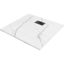 HD Marco+ White Marble 80x80/90x90 SMC kompozit slim szögletes kőhatású zuhanytálca, fekete ráccsal, 2,6 cm magas, szifon nélkül