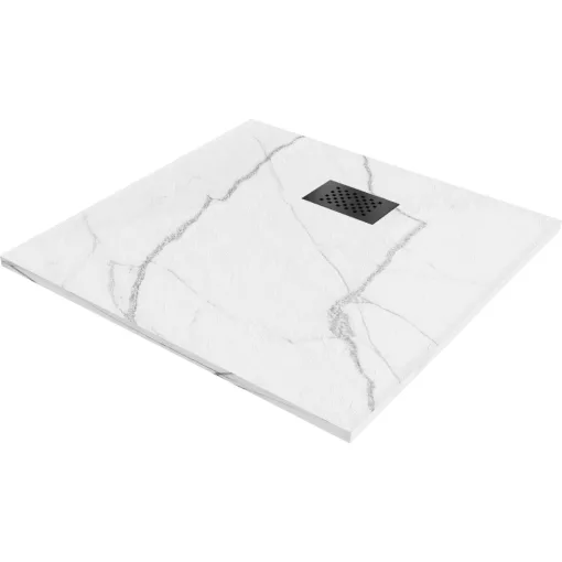 HD Marco+ White Marble 80x80/90x90 SMC kompozit slim szögletes kőhatású zuhanytálca, fekete ráccsal, 2,6 cm magas, szifon nélkül