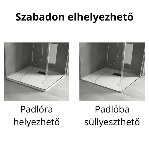 HD Marco+ White Marble 80x80/90x90 SMC kompozit slim szögletes kőhatású zuhanytálca, fekete ráccsal, 2,6 cm magas, szifon nélkül