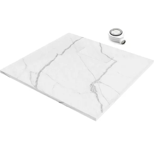 HD Marco White Marble 80x80 SMC kompozit slim szögletes kőhatású zuhanytálca, 2,6 cm magas, szifonnal