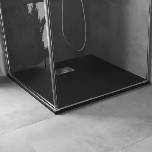 HD Marco+ Black 80x80 SMC kompozit magasított szögletes kőhatású zuhanytálca, krómozott ráccsal, 15 cm magas, szifonnal