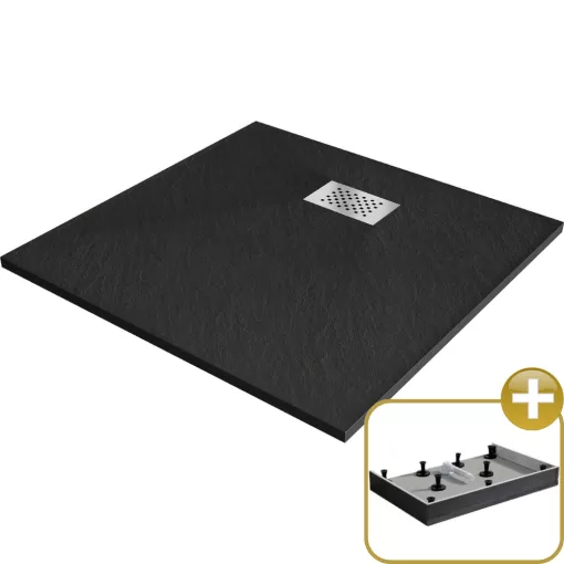 HD Marco+ Black 80x80/90x90 SMC kompozit magasított szögletes kőhatású zuhanytálca, krómozott ráccsal, 15 cm magas, szifon nélkül