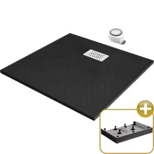 HD Marco+ Black 80x80 SMC kompozit magasított szögletes kőhatású zuhanytálca, fehér ráccsal, 15 cm magas, szifonnal