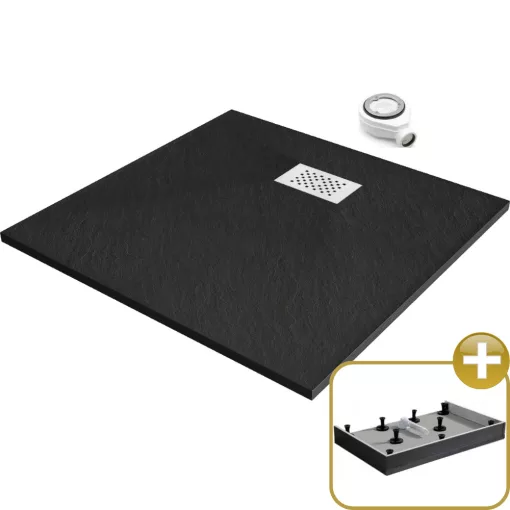 HD Marco+ Black 80x80 SMC kompozit magasított szögletes kőhatású zuhanytálca, fehér ráccsal, 15 cm magas, szifonnal