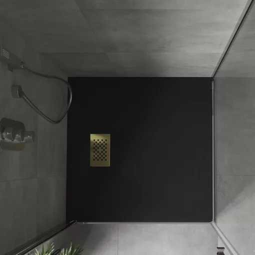 HD Marco+ Black 80x80 SMC kompozit magasított szögletes kőhatású zuhanytálca, arany színű ráccsal, 15 cm magas, szifonnal