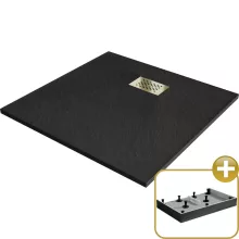 HD Marco+ Black 80x80/90x90 SMC kompozit magasított szögletes kőhatású zuhanytálca, arany színű ráccsal, 15 cm magas, szifon nélkül