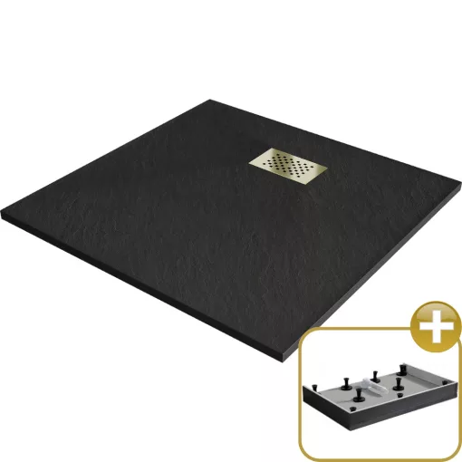 HD Marco+ Black 80x80/90x90 SMC kompozit magasított szögletes kőhatású zuhanytálca, arany színű ráccsal, 15 cm magas, szifon nélkül