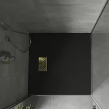 HD Marco+ Black 80x80/90x90 SMC kompozit magasított szögletes kőhatású zuhanytálca, arany színű ráccsal, 15 cm magas, szifon nélkül