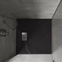 HD Marco+ Black Marble 80x80/90x90 SMC kompozit magasított szögletes kőhatású zuhanytálca, krómozott ráccsal, 15 cm magas, szifon nélkül