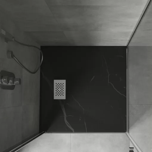 HD Marco+ Black Marble 80x80 SMC kompozit magasított szögletes kőhatású zuhanytálca, fehér ráccsal, 15 cm magas, szifonnal