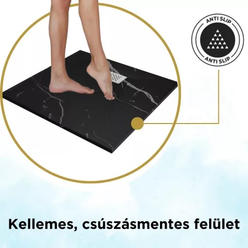HD Marco+ Black Marble 80x80/90x90 SMC kompozit magasított szögletes kőhatású zuhanytálca, fehér ráccsal, 15 cm magas, szifon nélkül