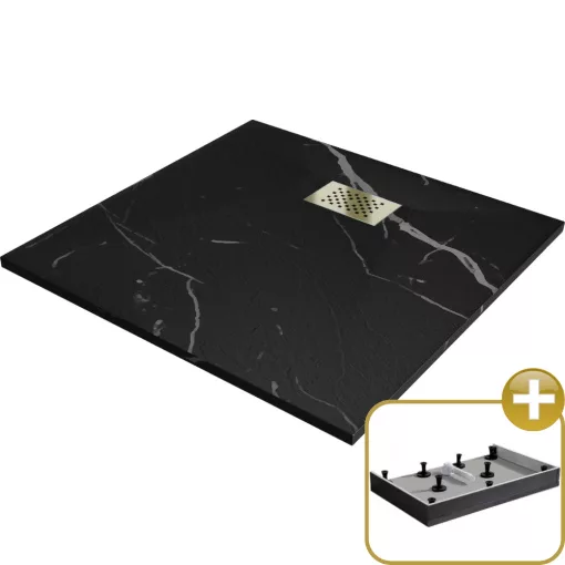 HD Marco+ Black Marble 80x80/90x90 SMC kompozit magasított szögletes kőhatású zuhanytálca, arany színű ráccsal, 15 cm magas, szifon nélkül