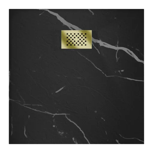 HD Marco+ Black Marble 80x80/90x90 SMC kompozit magasított szögletes kőhatású zuhanytálca, arany színű ráccsal, 15 cm magas, szifon nélkül