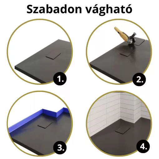 HD Marco+ Black Marble 80x80/90x90 SMC kompozit magasított szögletes kőhatású zuhanytálca, arany színű ráccsal, 15 cm magas, szifon nélkül