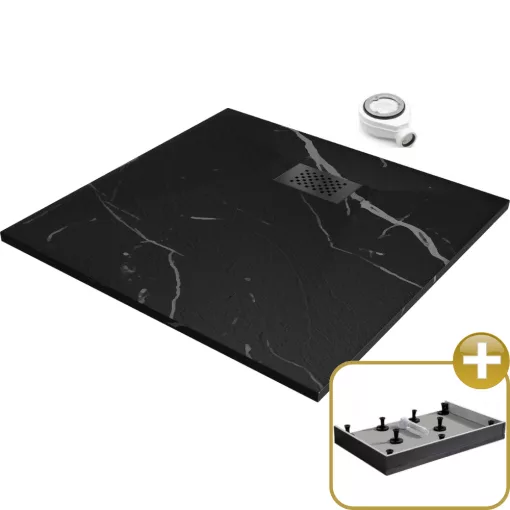 HD Marco+ Black Marble 80x80 SMC kompozit magasított szögletes kőhatású zuhanytálca, fekete ráccsal, 15 cm magas, szifonnal