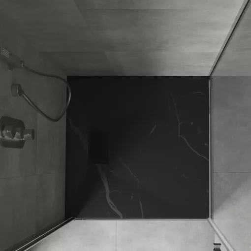 HD Marco+ Black Marble 80x80 SMC kompozit magasított szögletes kőhatású zuhanytálca, fekete ráccsal, 15 cm magas, szifonnal