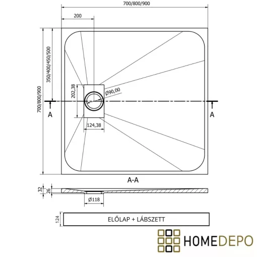 HD Marco+ Black Marble 80x80/90x90 SMC kompozit magasított szögletes kőhatású zuhanytálca, fekete ráccsal, 15 cm magas, szifon nélkül