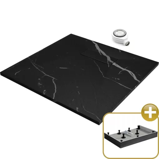 HD Marco Black Marble 80x80 SMC kompozit magasított szögletes kőhatású zuhanytálca, 15 cm magas, szifonnal