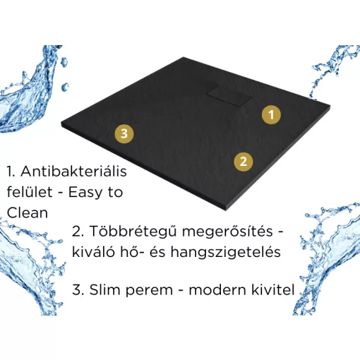 HD Marco Black 90x90 SMC kompozit magasított szögletes kőhatású zuhanytálca, 15 cm magas, szifon nélkül