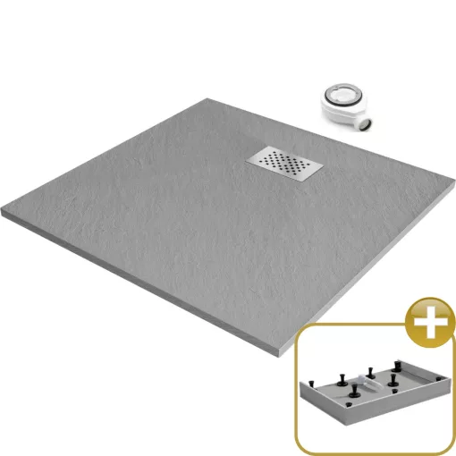 HD Marco+ Gray 80x80 SMC kompozit magasított szögletes kőhatású zuhanytálca, krómozott ráccsal, 15 cm magas, szifonnal