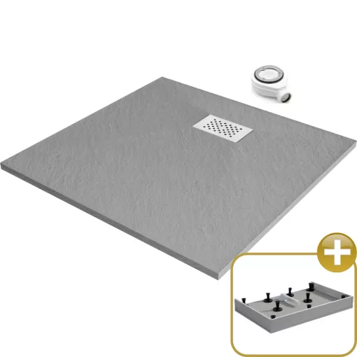 HD Marco+ Gray 80x80 SMC kompozit magasított szögletes kőhatású zuhanytálca, fehér ráccsal, 15 cm magas, szifonnal