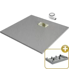 HD Marco+ Gray 80x80 SMC kompozit magasított szögletes kőhatású zuhanytálca, arany színű ráccsal, 15 cm magas, szifonnal