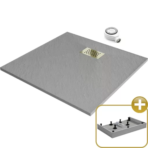 HD Marco+ Gray 80x80 SMC kompozit magasított szögletes kőhatású zuhanytálca, arany színű ráccsal, 15 cm magas, szifonnal